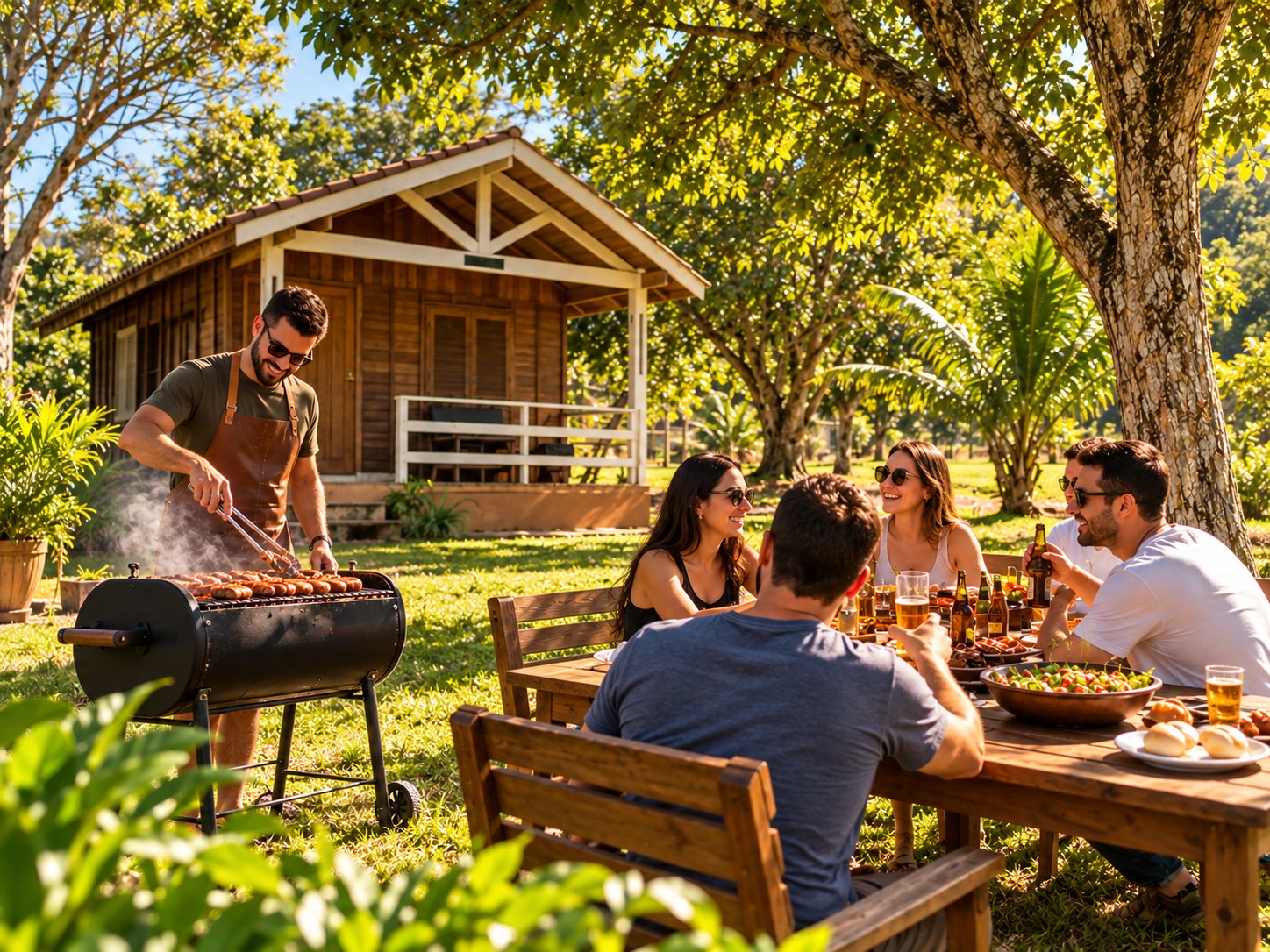 Churrasco entre amigos com churrasqueira portátil — imagem ilustrativa